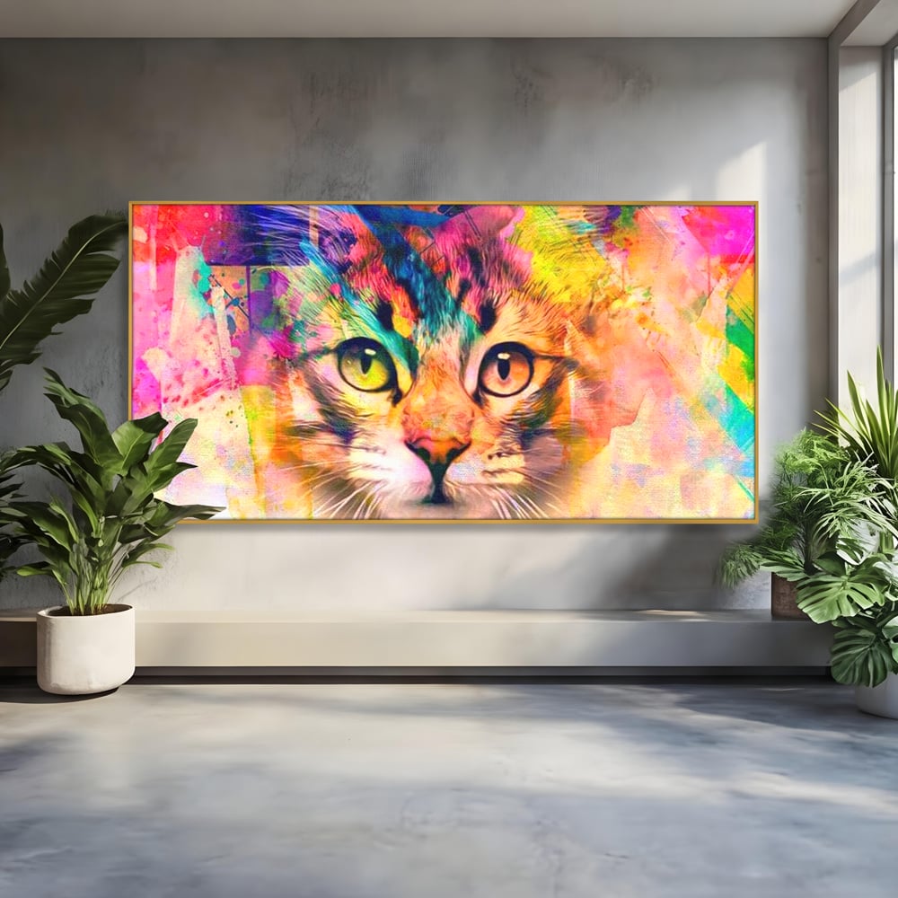 Tablou canvas cu tablou canvas cu pisica in stil graffiti, in rama de aluminiu auriu